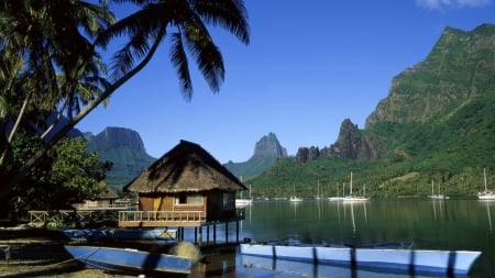 Cottage and Boats on the Lake - nature, sky, lake, boats, trees, mountains