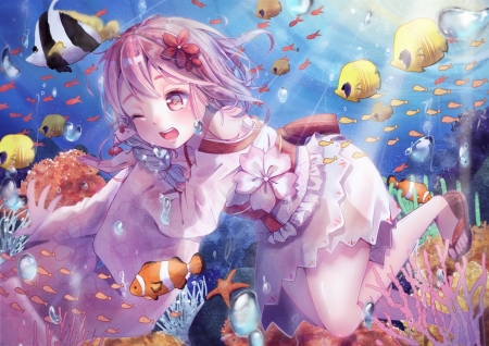 Xuan Ying - danki, vara, girl, summer, underwater, blue, pink, anime, fish, manga, xuan ying