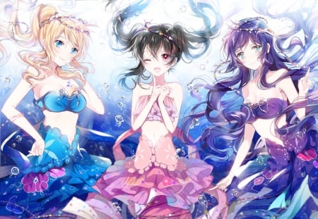 Mermaids - vara, girl, water, summer, trio, pink, blue, anime, n n ayase, manga