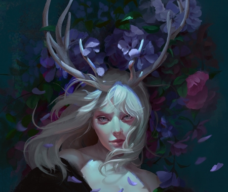 Fantasy girl - fantasy, girl, face, flower, art, fariba khamseh, luminos, horns