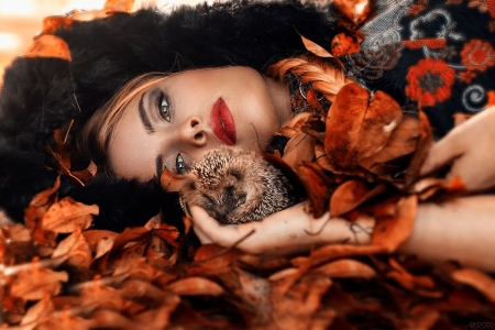 The lost hedgehog - woman, autumn, girl, hedgehog, leaf, model, face, alessandro di cicco, orange