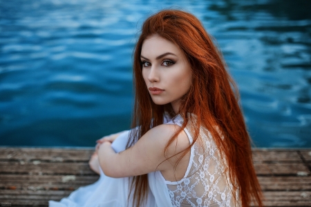 Beauty - water, summer, blue, girl, alessandro di cicco, redhead, woman, model, vara