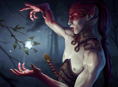 Elf - elf, magical, lorenzo lanfranconi, fantasy, art, man, hand, red, luminos, blue, flower