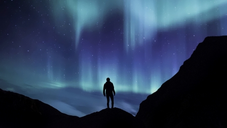 ♥ - black, aurora, blue, silhouette, man, luminos, sky