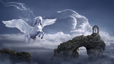 Pegasus - clouds, flying horse, sea, man, horse, mythology, fantasy, Firefox Persona theme, arch, Pegasus, unicorn, sky, rocks