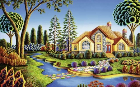 Cottage Dream - cottage, trees, river, dream, house