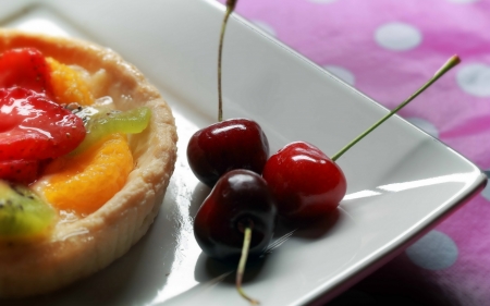 Fruit Tart - square, elegant, breakfast, pink, fruit, dessert, high resolution, kiwi, strawberries, mandaran orange, stem, polka dots, tasty, three, white, Bing cherries, table cloth, crust, dish