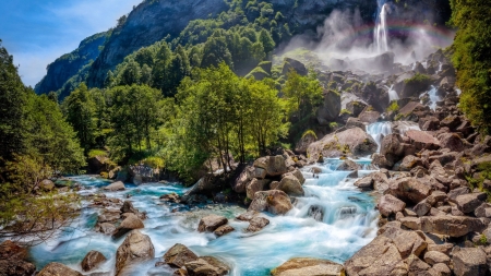 Valle Maggia Switzerland - nature, rainbow, trees, waterfall, switzerland, rocks