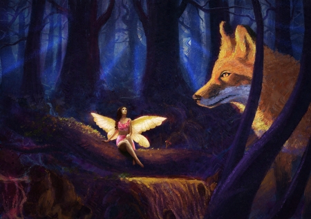 Fairytale - fairytale, forest, animal, dark, girl, fox, blue, fantasy, john dervishi, orange, fairy, luminos