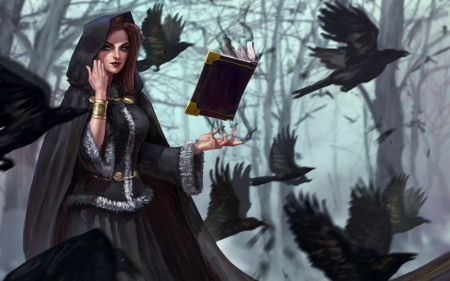 Witch - bird, book, raven, girl, witch, black, fantasy, spell, pasare, art