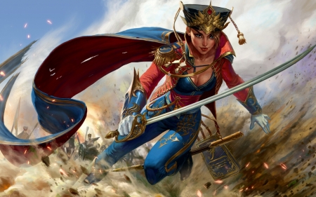 Fantasy girl - hat, fighter, fantasy, art, luminos, red, blue, sword, woarrior