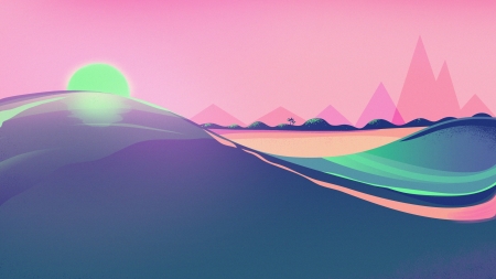 Sunset - beach, vector, vara, water, summer, sunset, fantasy, creative, pink, blue, luminos, green, sea