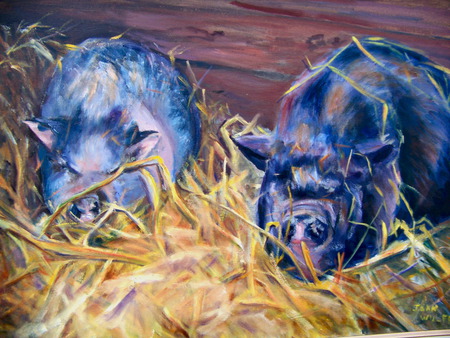 Pigs in the Hay - animals-pigs, oil