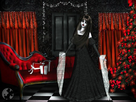 Gothic Holiday by Cherished Memories - sofa, presents, bows, couch, tree, christmas, shawl, red, woman