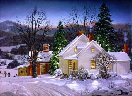 Cold Winter's Eve - christmas, trees, winter, sunset, snow, mountains, houses