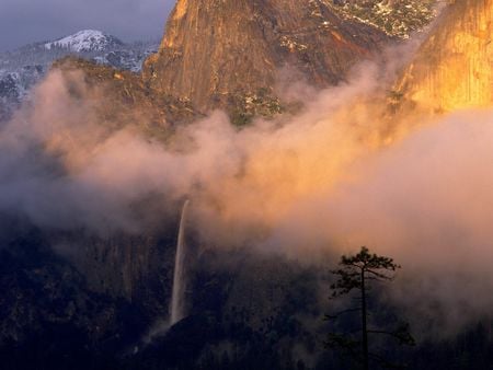 Cloud Shrouded Bridalveil Falls From Discovery View Yosemite California - waterfalls, mountain