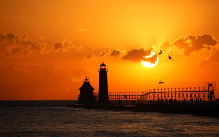 Sunset Walkway - sky, ocean, beach, sun, sunset, nature, walkway, skies, orange, sunrise