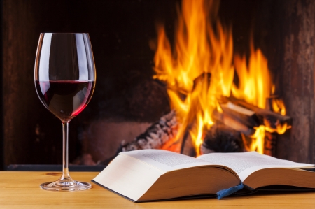 Glass Of Wine - wood, glass of wine, fire, book, wine