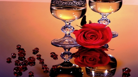 Crystal Glasses Wine For Two - flowers, wine, glasses, red, rose