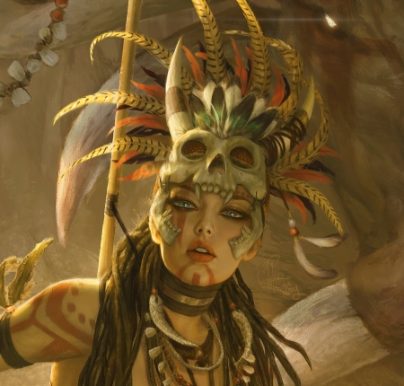 Orinthia - girl, feather, ina wong, skull, fantasy, orinthia, shaman, face, art, luminos