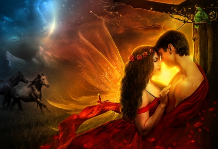 Love the sacred gift - girl, angel, orange, man, horse, fantasy, wings, fairy, christabellelamort, couple, luminos