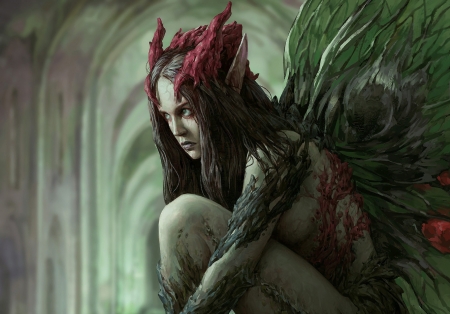 Corrupted fairy - girl, luminos, red, green, fairy, oleg kapustin, fantasy