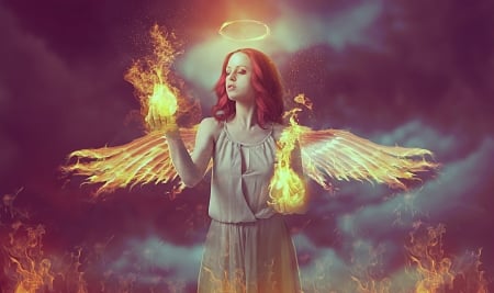 Angel - wings, fire, fantasy, zakshakmak, luminos, girl, angel