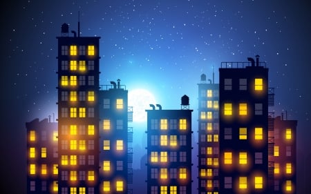 Rising moon - moon, vector, building, night, creative, fantasy, city, luna, lights