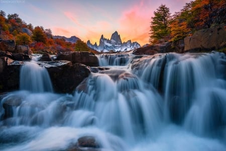 Mt. Fitz Roy With Waterfall, Patagonia - sky, argentina, river, sunset, cascades