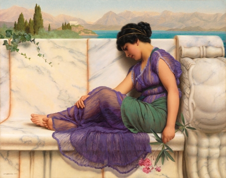 Day dreaming - john william godward, pictura, purple, painting, girl, day dreaming, summer idleness, art