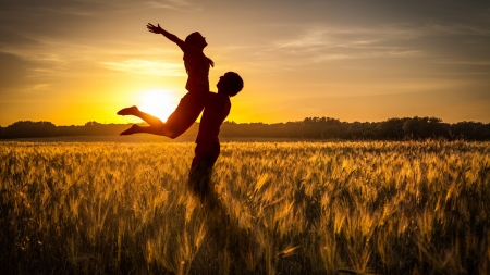 Sunset - sunset, yellow, summer, silhouette, field, couple, vara