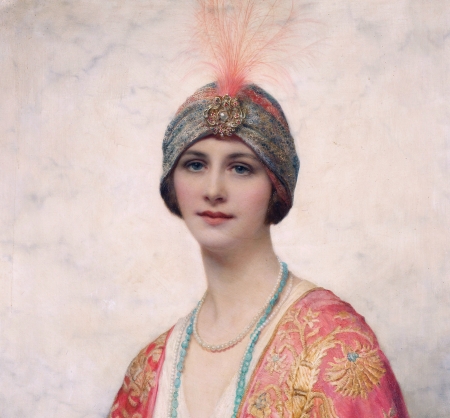 A beauty in eastern costume - girl, eastern costume, hat, painting, vintage, pink, portrait, pictura, feather, retro