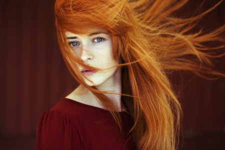 Beauty - woman, face, redhead, girl, red, wind, model