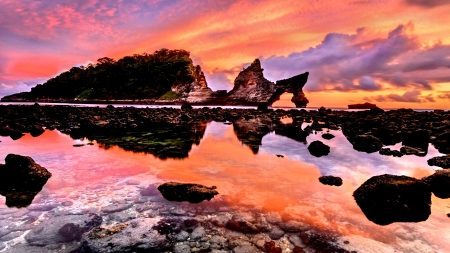 PERFECT SUNSET REFELCTION - nature, beach, evening, clouds, sunset, rocks