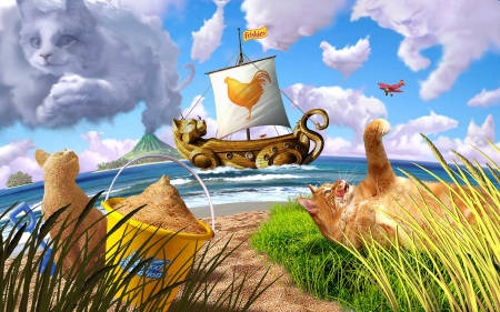 Summer - cloud, summer, fantasy, boat, jerry lofaro, sea