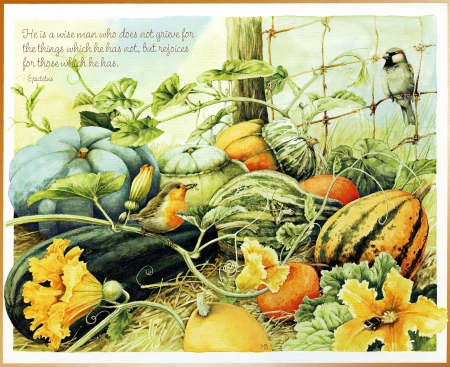 ♥ - bird, yellow, pumpkin, autumn, painting, marjolein bastin, pasare, card, art