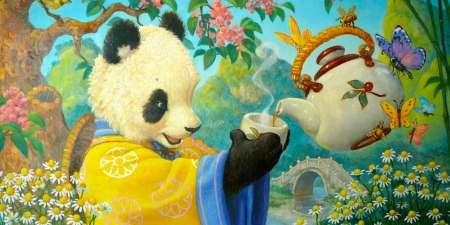 Panda - yellow, panda, tea, teapot, bue, fantasy, animal, cute, jerry lofaro, asian, cup