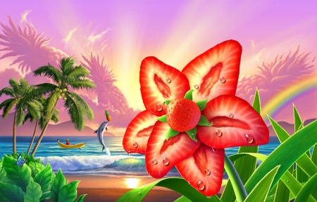 ♥ - strawberry, water, summer, beach, sea, flower, pink, fantasy, red, fruit, jerry lofaro, vara