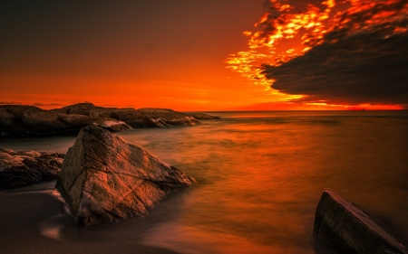 Clouds in the Light of the Rising Sun - clouds, Ocean, rocky, nature, coast, lights, sunrise