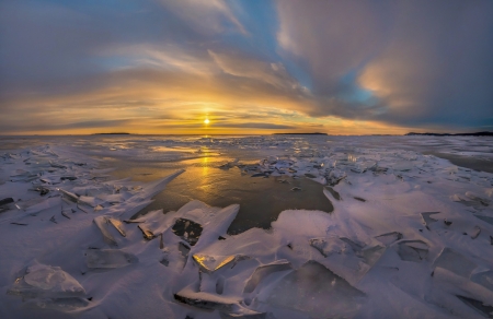 Frozen at the sunset - frozen, winter, sunset, sea