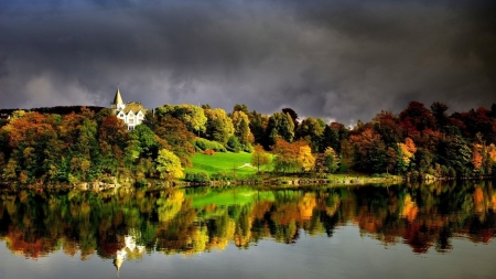 Beautiful Scenery - trees, reflection, nature, mansion