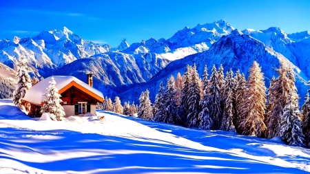 Little House in the Mountains - house, trees, winter, nature, snow, forest, mountains