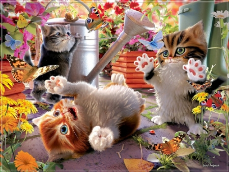 Kittens Garden - flowers, blossoms, summer, painting, artwork, kitty