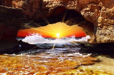 Sunset Through The Rocky Coast - nature, ocean, sunset, waves, rocks