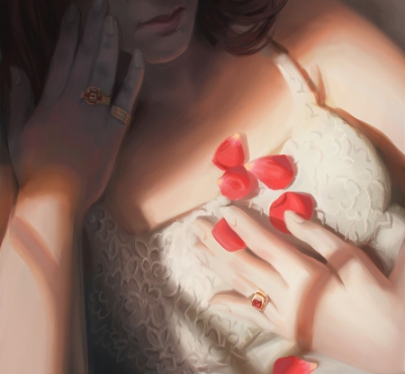 Veronica - fantasy, magda proski, hand, red, ring, petals, art, luminos