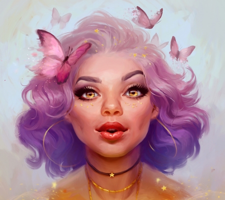 Girl - magda proski, vara, girl, summer, fantasy, face, art, butterfly, purple, luminos, pink