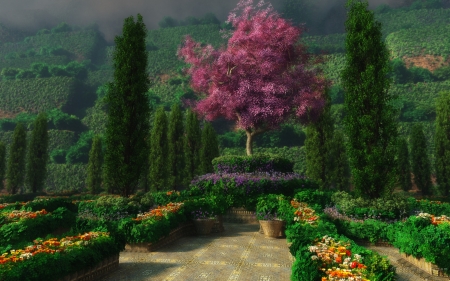 Pink tree - sakura, luminos, pink, green, tree, garden, fantasy, spring