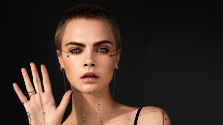 Cara Delevingne - woman, face, girl, cara delevingne, hand, black, model