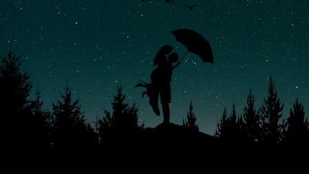 Lovers - blue, silhouette, night, creative, stars, black, fantasy, umbrella, couple, hug, luminos