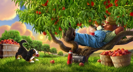 Under the apple tree - summer, dog, bear, fantasy, red, green, garden, fruit, caine, apple, jerry lofaro, vara, luminos